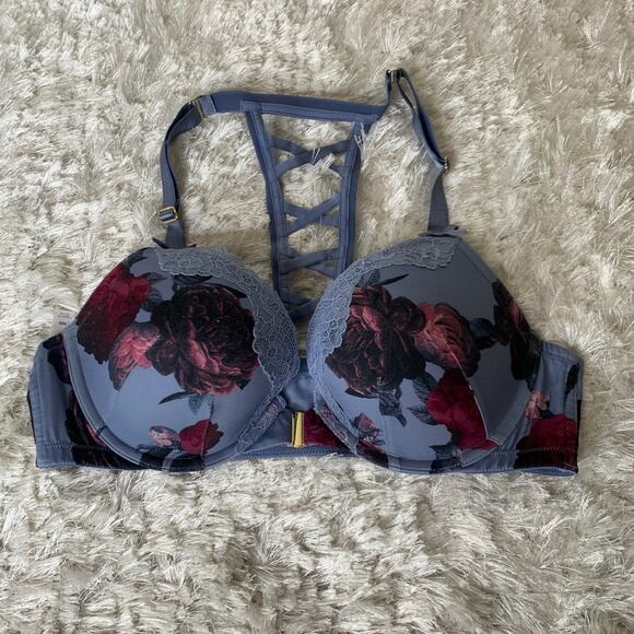 Cacique Blue Floral Boost Plunge Underwire Bra Ladder Back Sz 38B - Picture 1 of 7